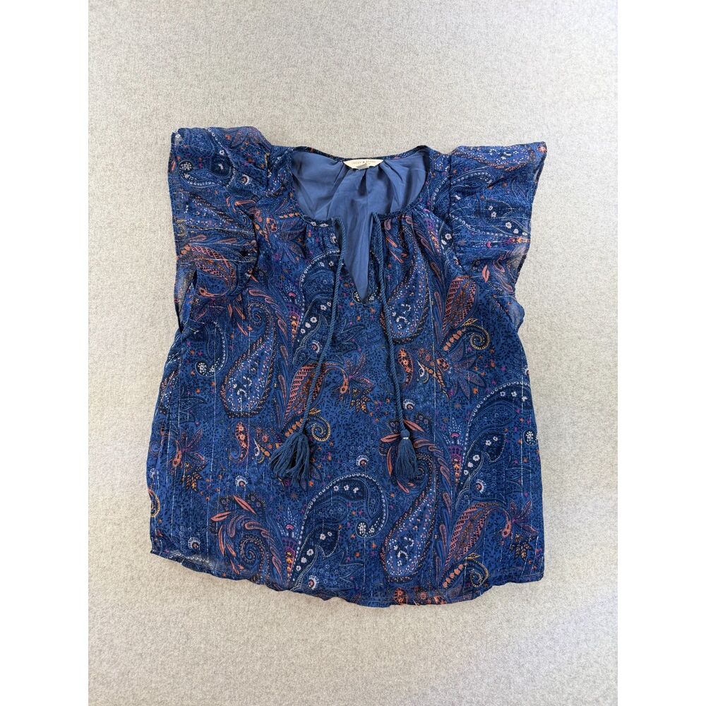 Lucky Brand Women's Small Blue Paisley Flutter Sleeve Tie Neck Lined Blouse